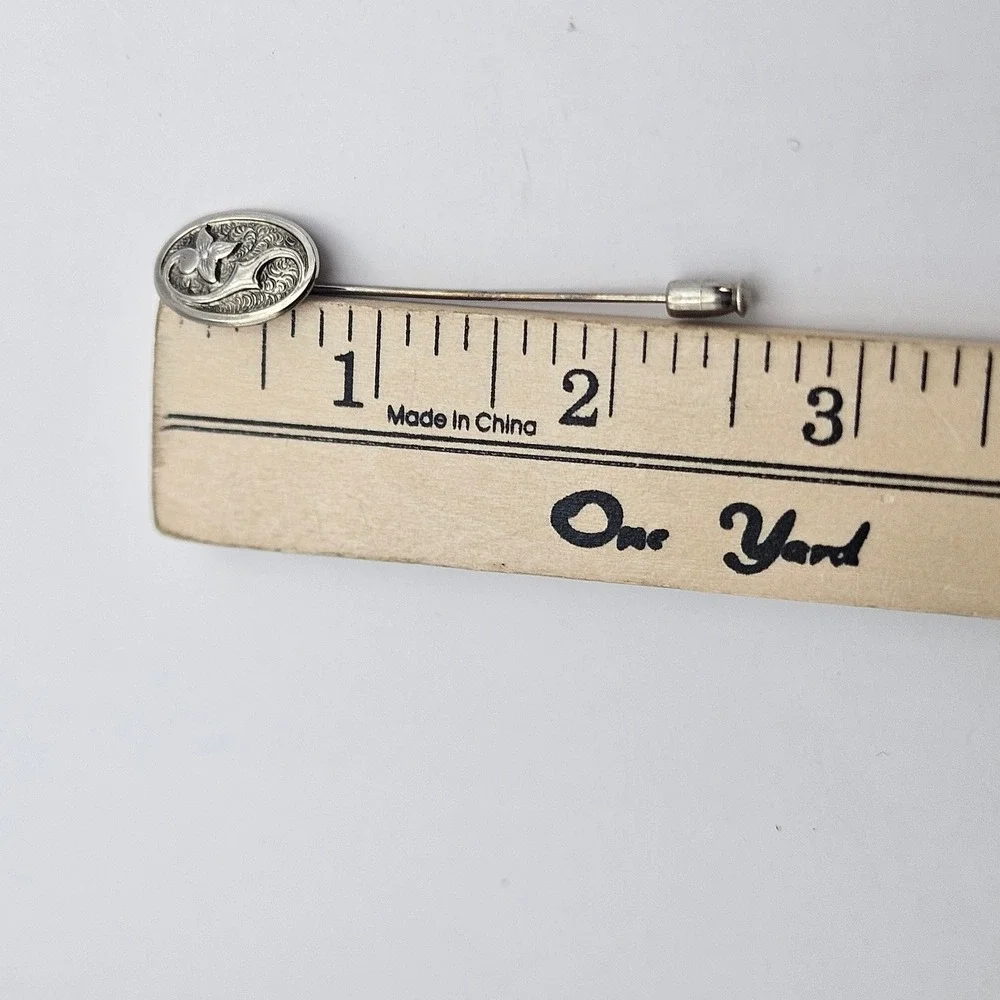 Vintage Sterling Silver Floral Scroll Oval Stick Pin Hat Lapel